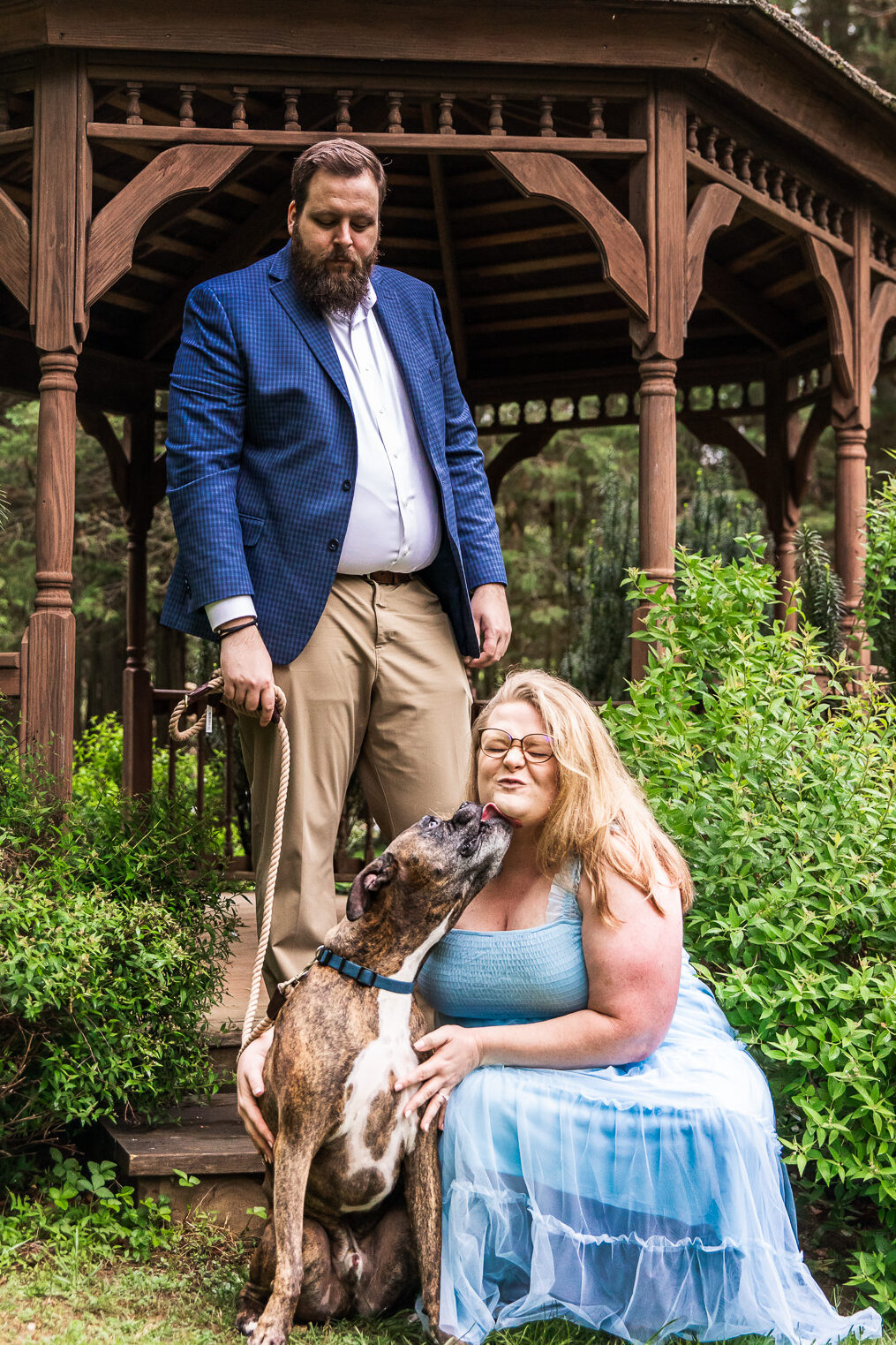 During an engagement session, a couple poses beside their brindle dog in front of a wooden gazebo surrounded by lush greenery. The dog reaches up to lick one partner's face while the other stands nearby holding the leash, creating a candid and affectionate family portrait.